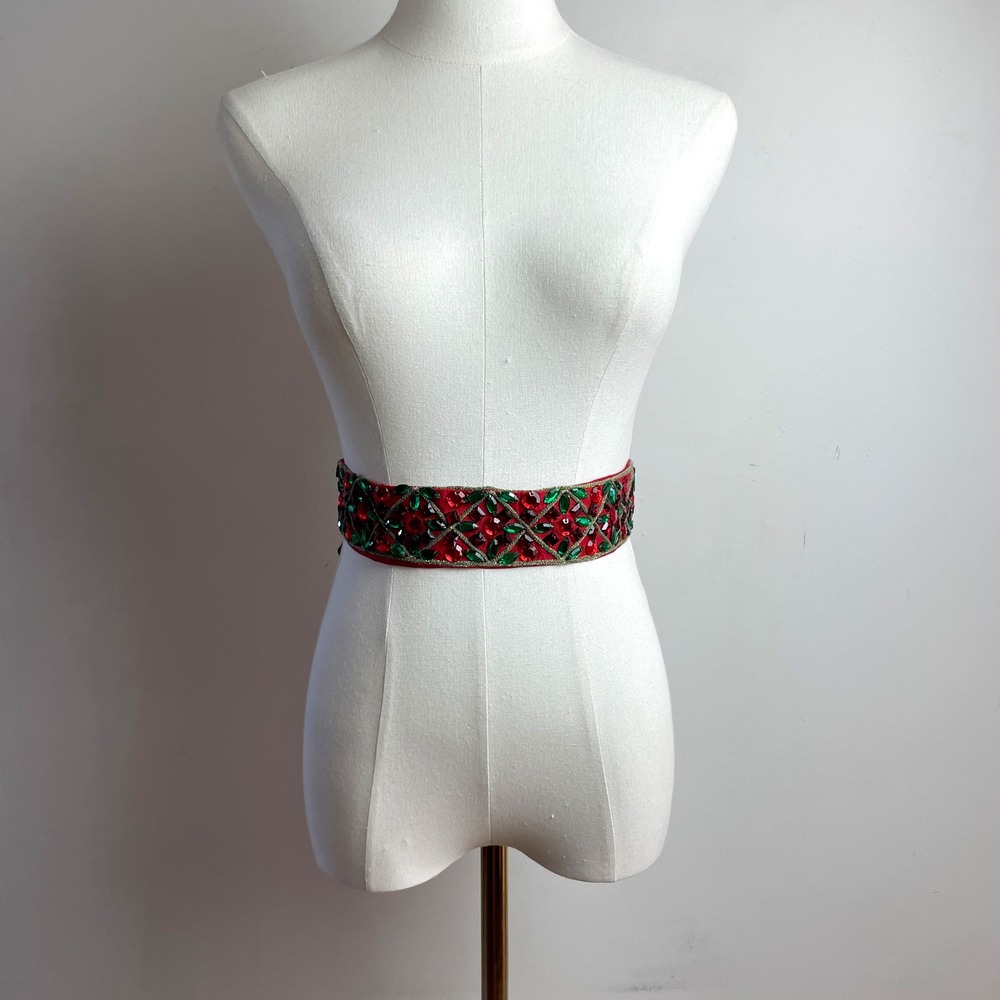 Red Green Rhinestone Embellished Plaid Tie Waist Belt Holiday Christmas Preppy